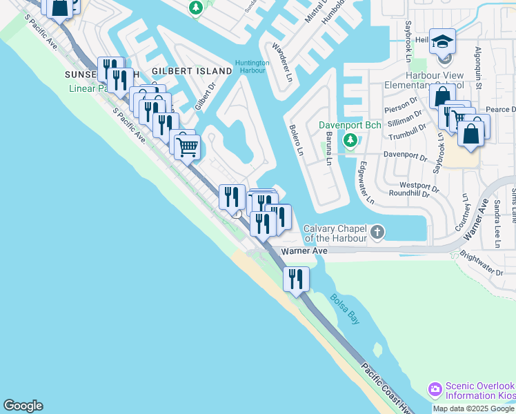 map of restaurants, bars, coffee shops, grocery stores, and more near in HUNTINGTN BCH