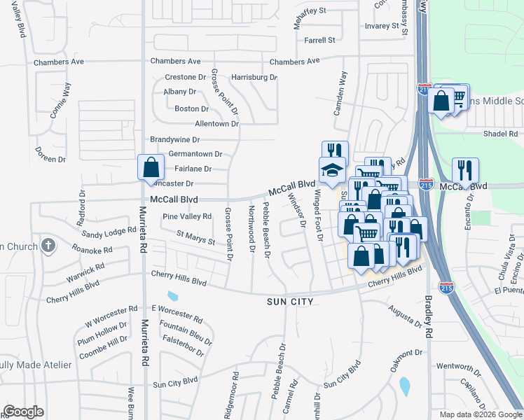 map of restaurants, bars, coffee shops, grocery stores, and more near 28051 Pebble Beach Drive in Menifee