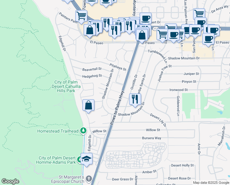 map of restaurants, bars, coffee shops, grocery stores, and more near 46133 California 74 in Palm Desert