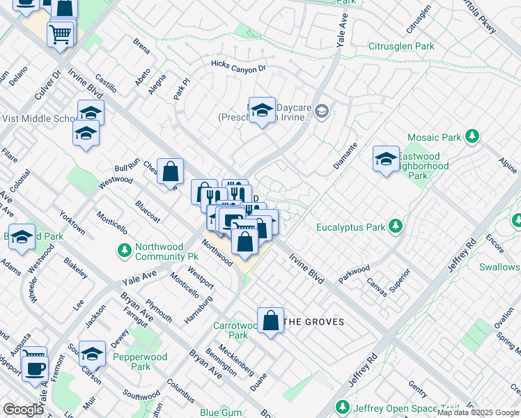 map of restaurants, bars, coffee shops, grocery stores, and more near 227 Springview in Irvine