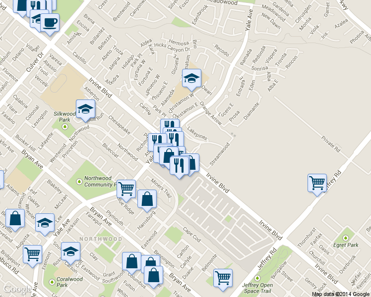 map of restaurants, bars, coffee shops, grocery stores, and more near 227 Springview in Irvine