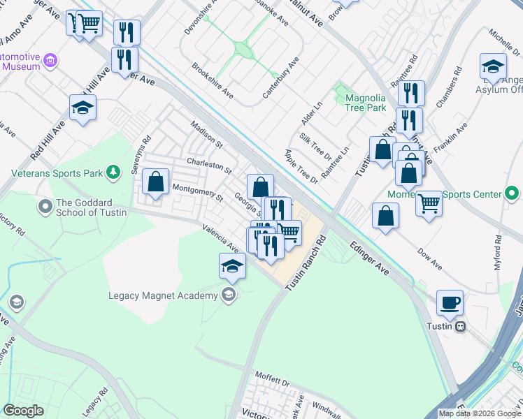 map of restaurants, bars, coffee shops, grocery stores, and more near 17210 Cambridge Way in Tustin