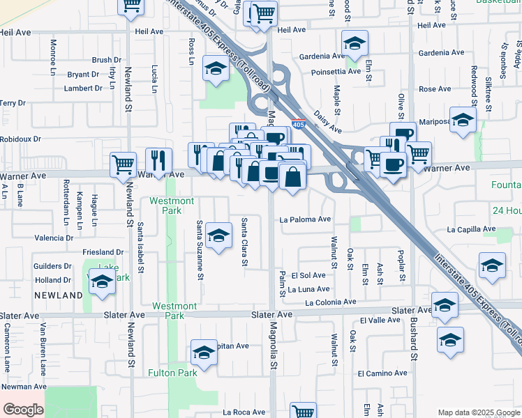map of restaurants, bars, coffee shops, grocery stores, and more near 8967 La Paloma Avenue in Fountain Valley