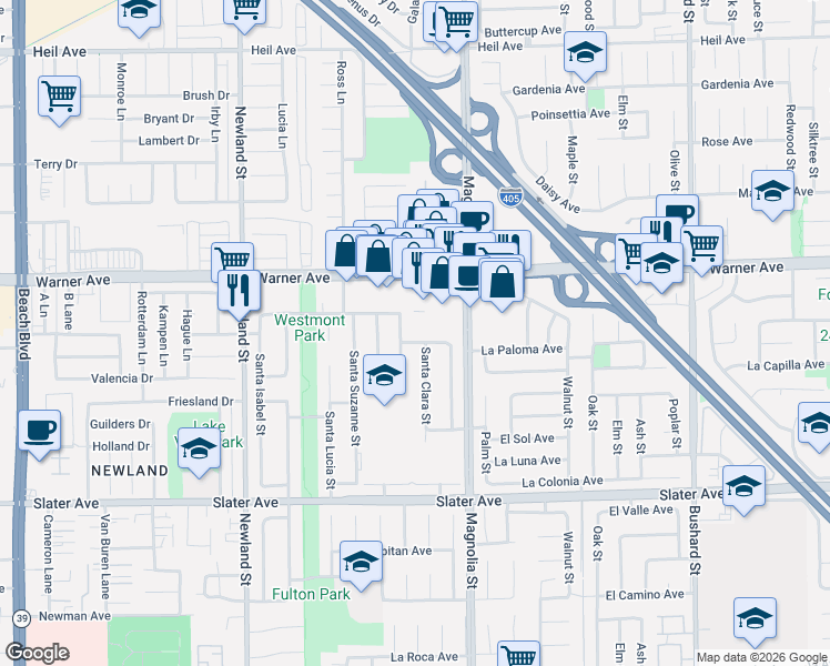 map of restaurants, bars, coffee shops, grocery stores, and more near 8895 La Paloma Avenue in Fountain Valley