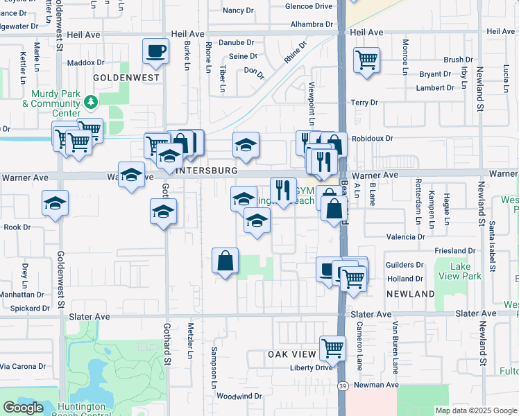 map of restaurants, bars, coffee shops, grocery stores, and more near 17102 Emerald Lane in Huntington Beach