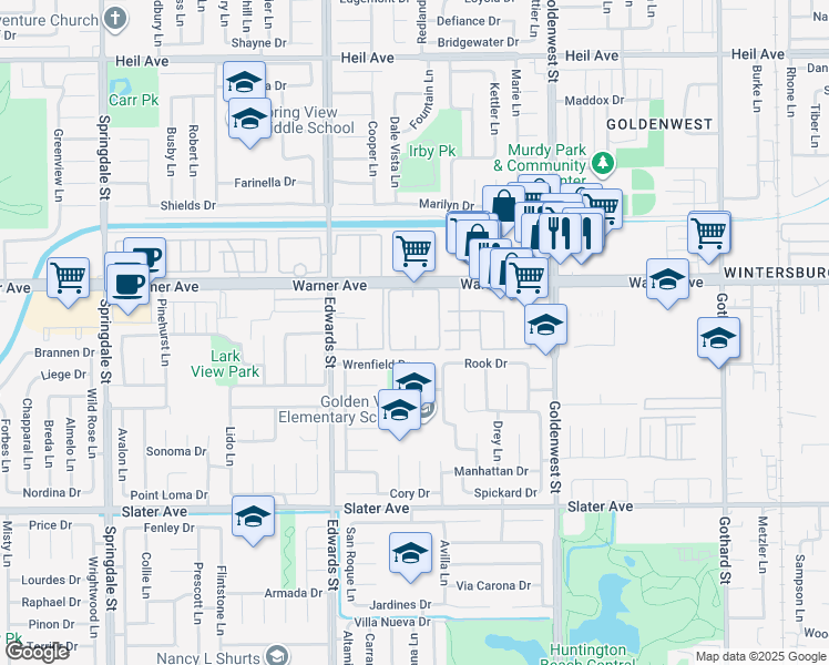 map of restaurants, bars, coffee shops, grocery stores, and more near 6700 Warner Avenue in Huntington Beach