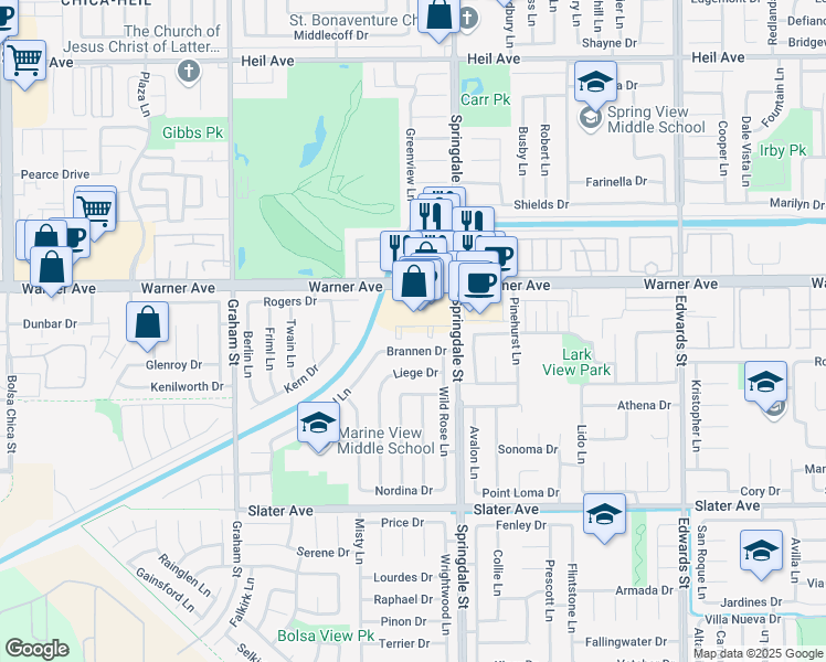 map of restaurants, bars, coffee shops, grocery stores, and more near 17101 Springdale Street in Huntington Beach