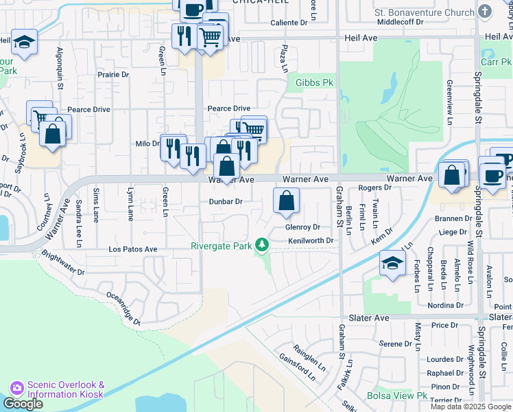 map of restaurants, bars, coffee shops, grocery stores, and more near 5172 Dunbar Drive in Huntington Beach