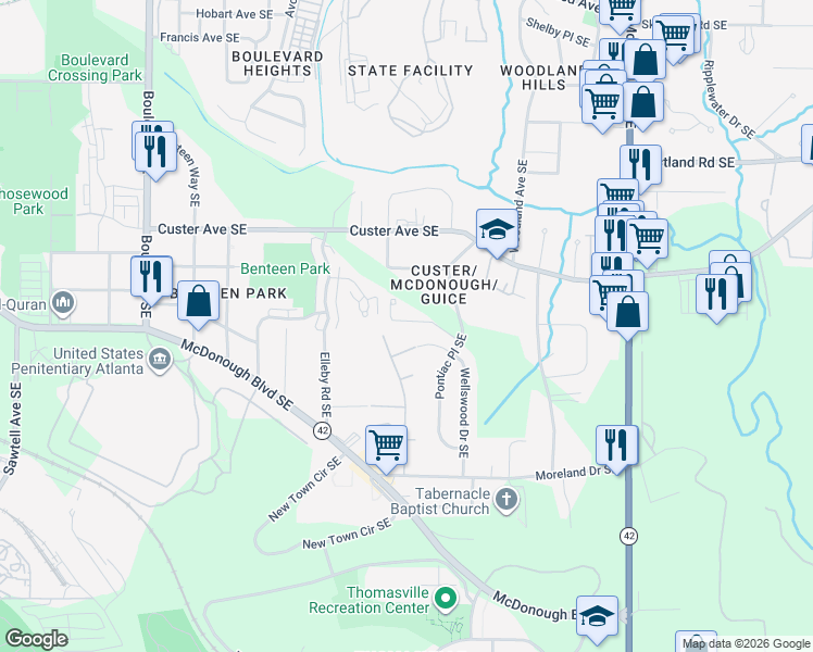 map of restaurants, bars, coffee shops, grocery stores, and more near 965 Rittenhouse Way Southeast in Atlanta