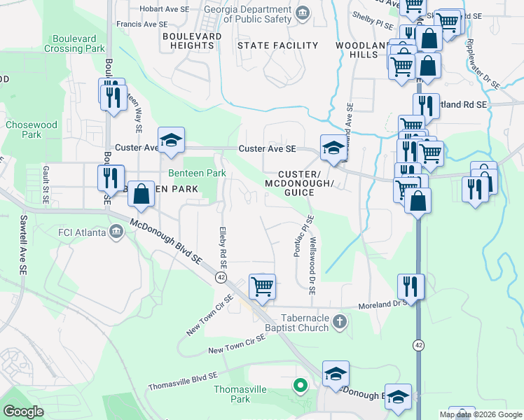map of restaurants, bars, coffee shops, grocery stores, and more near 965 Rittenhouse Way Southeast in Atlanta