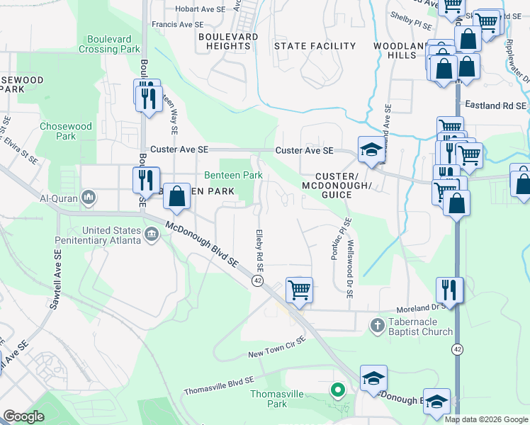 map of restaurants, bars, coffee shops, grocery stores, and more near 1392 Benteen Park Drive Southeast in Atlanta