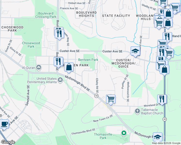 map of restaurants, bars, coffee shops, grocery stores, and more near 1365 Marion Street Southeast in Atlanta
