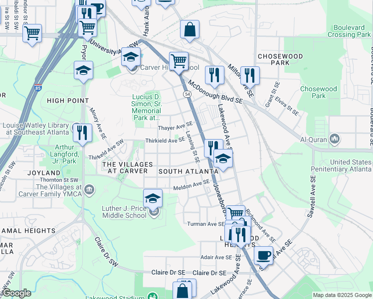 map of restaurants, bars, coffee shops, grocery stores, and more near 126 Brown Avenue Southeast in Atlanta