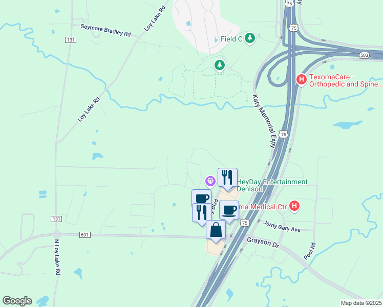 map of restaurants, bars, coffee shops, grocery stores, and more near 3415 Southbend Drive in Denison