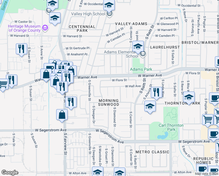 map of restaurants, bars, coffee shops, grocery stores, and more near 2501 South Griset Place in Santa Ana