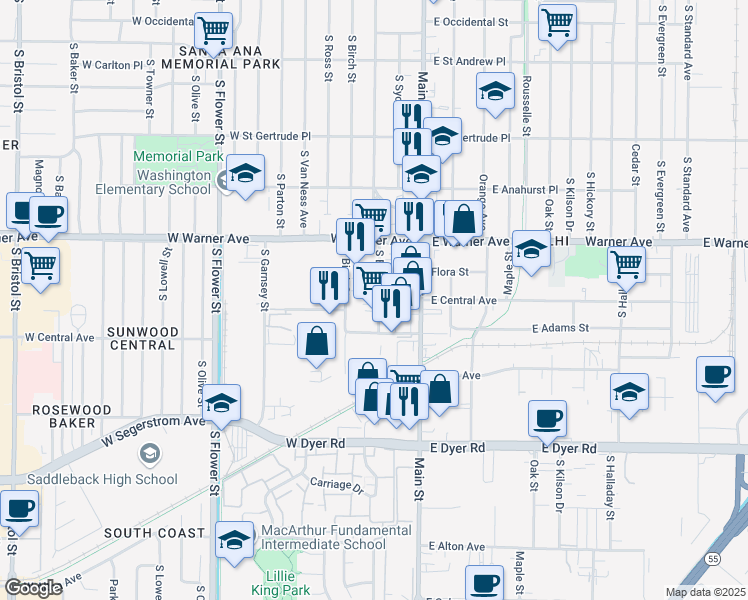 map of restaurants, bars, coffee shops, grocery stores, and more near 2424 South Broadway in Santa Ana