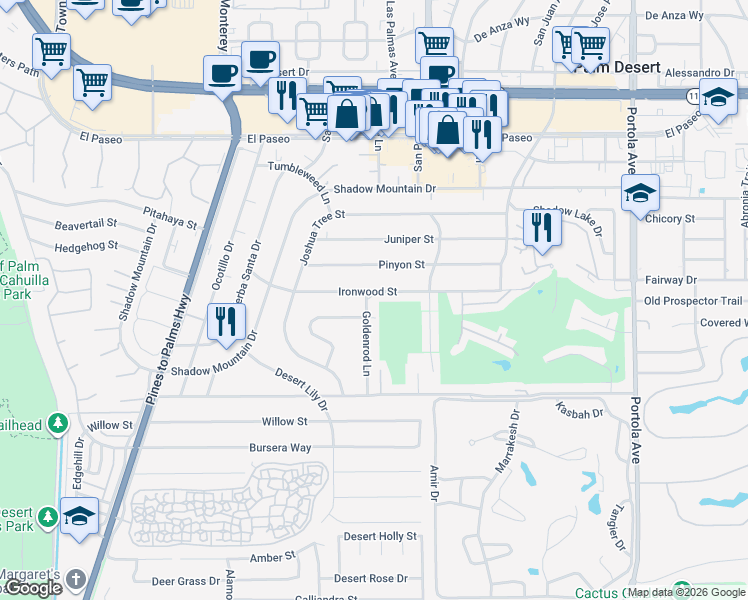 map of restaurants, bars, coffee shops, grocery stores, and more near 73359 Ironwood Street in Palm Desert