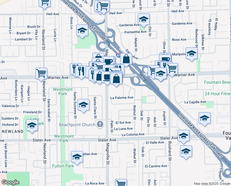 map of restaurants, bars, coffee shops, grocery stores, and more near 17130 Magnolia Street in Fountain Valley