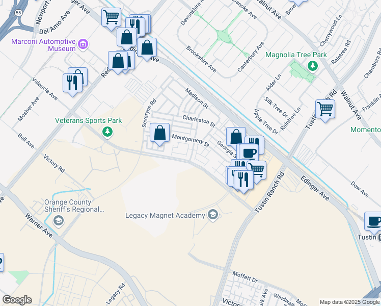 map of restaurants, bars, coffee shops, grocery stores, and more near 15233 Columbus Square in Tustin