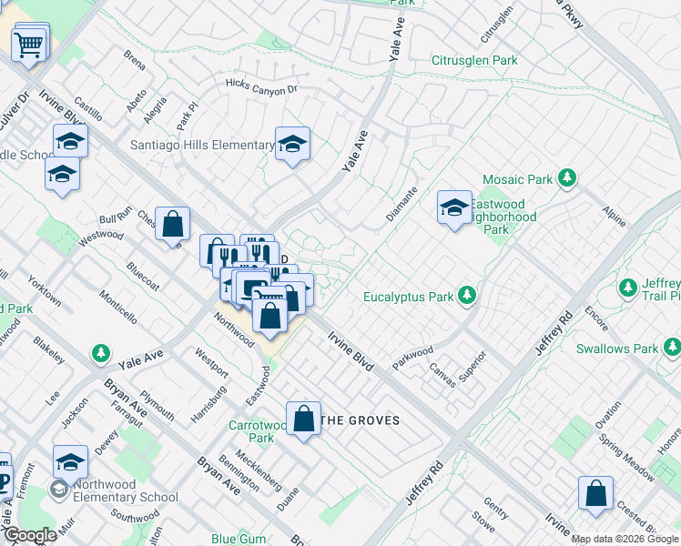 map of restaurants, bars, coffee shops, grocery stores, and more near 16 Streamwood in Irvine