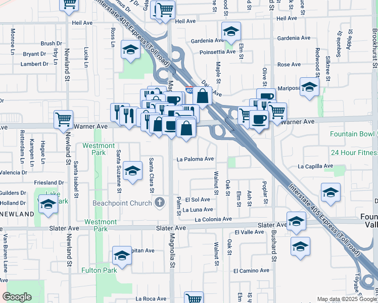 map of restaurants, bars, coffee shops, grocery stores, and more near 17130 Magnolia Street in Fountain Valley