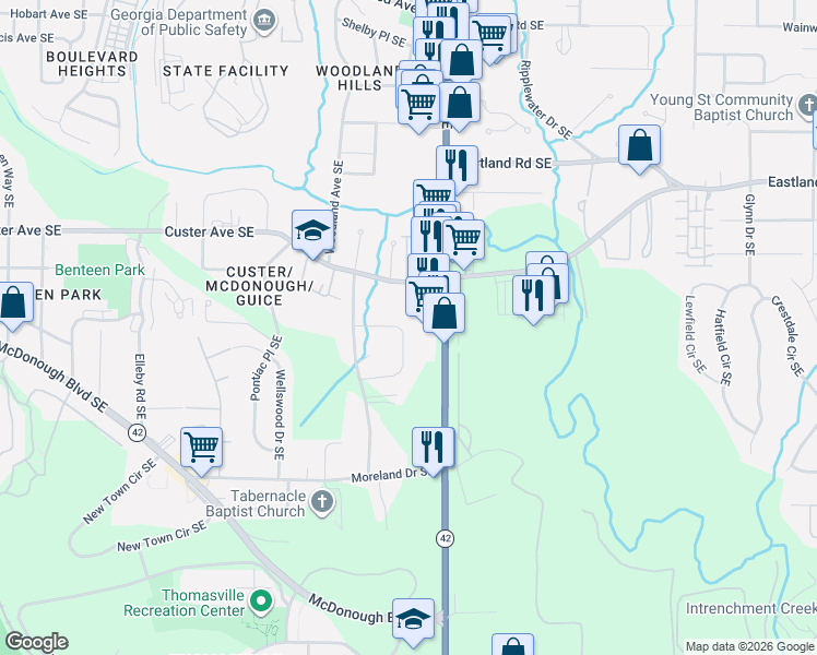 map of restaurants, bars, coffee shops, grocery stores, and more near 1498 Woodland Circle Southeast in Atlanta