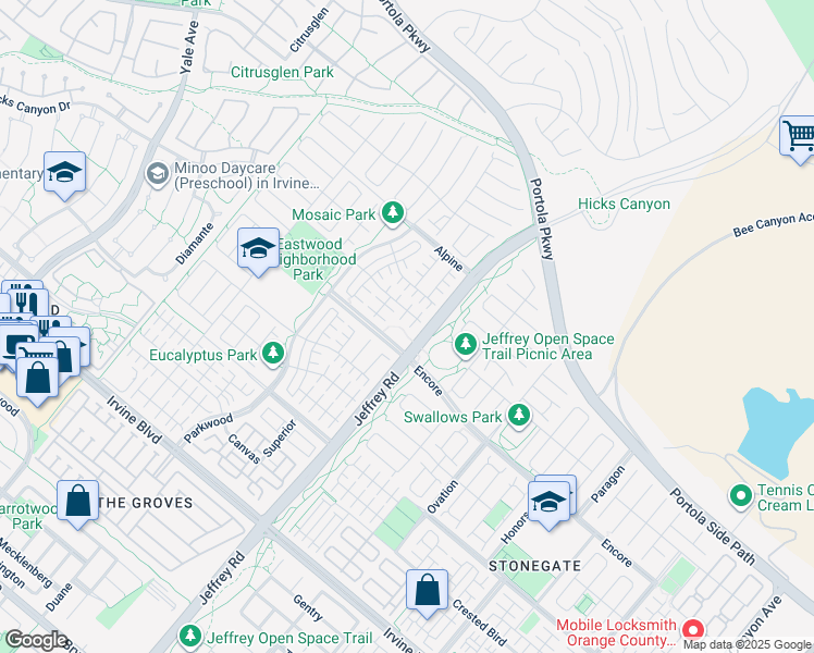 map of restaurants, bars, coffee shops, grocery stores, and more near 182 Frontier in Irvine