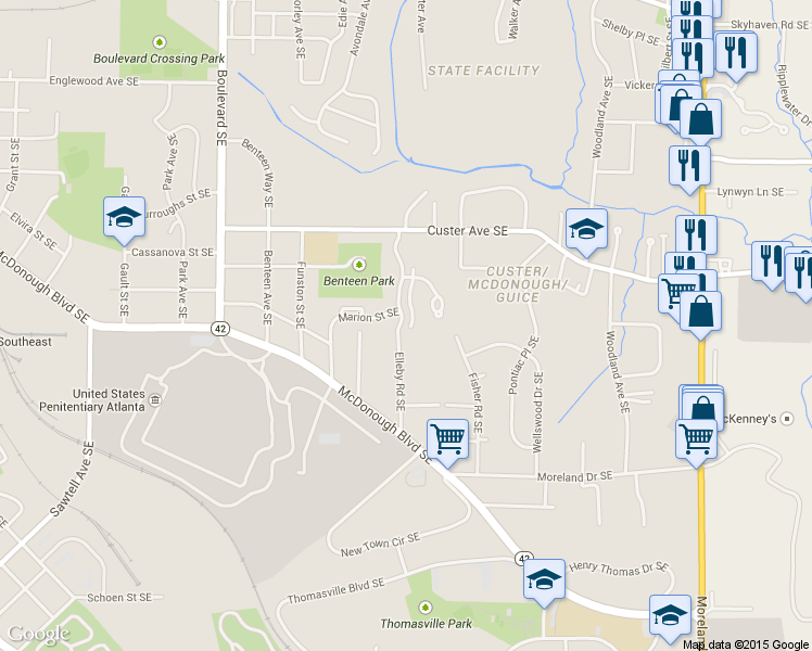 map of restaurants, bars, coffee shops, grocery stores, and more near 1392 Benteen Park Drive Southeast in Atlanta