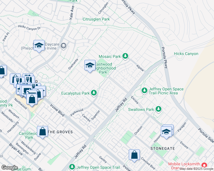 map of restaurants, bars, coffee shops, grocery stores, and more near 65 Henson in Irvine
