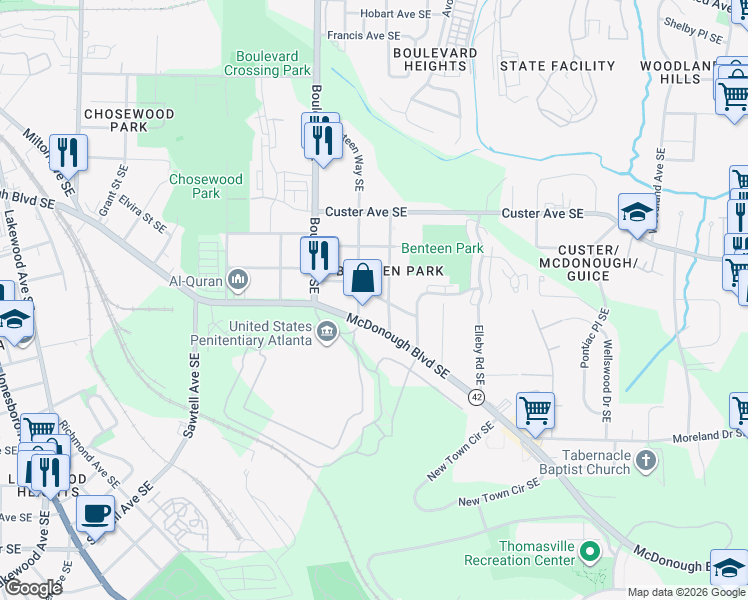 map of restaurants, bars, coffee shops, grocery stores, and more near 645 Federal Terrace Southeast in Atlanta