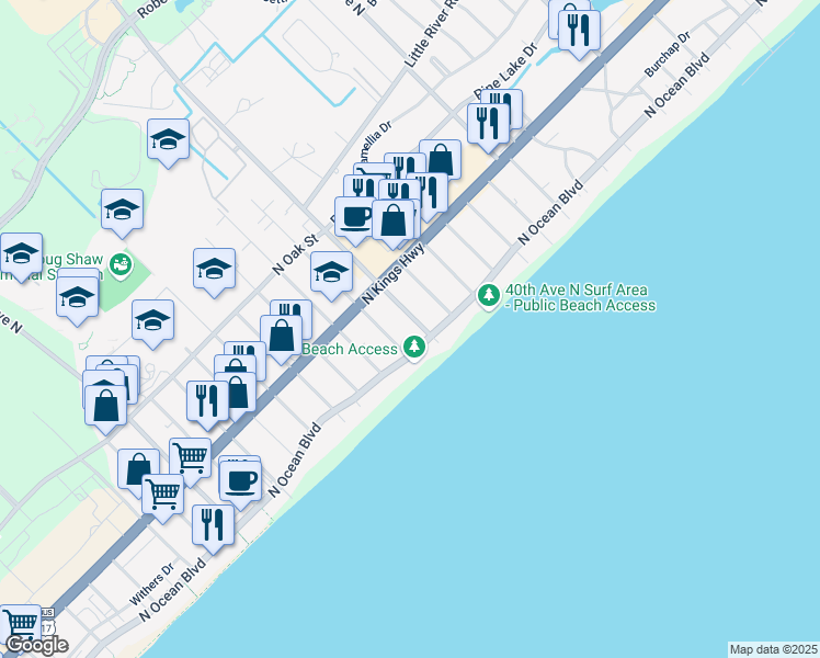 map of restaurants, bars, coffee shops, grocery stores, and more near 403 38th Avenue North in Myrtle Beach