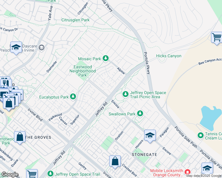 map of restaurants, bars, coffee shops, grocery stores, and more near 182 Frontier in Irvine
