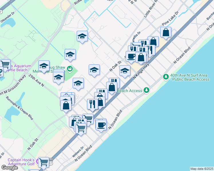 map of restaurants, bars, coffee shops, grocery stores, and more near 514 34th Avenue North in Myrtle Beach