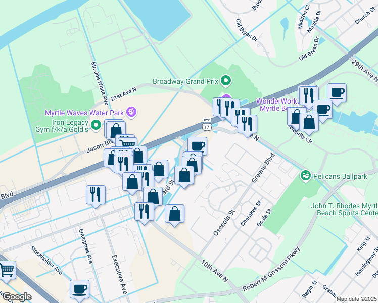 map of restaurants, bars, coffee shops, grocery stores, and more near 1150 Seaboard Street in Myrtle Beach
