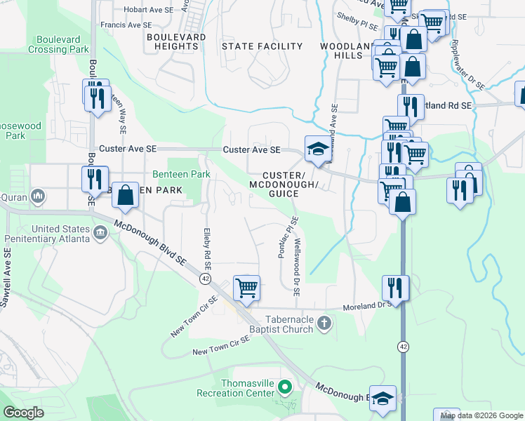 map of restaurants, bars, coffee shops, grocery stores, and more near 965 Rittenhouse Way Southeast in Atlanta