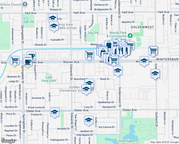 map of restaurants, bars, coffee shops, grocery stores, and more near 6700 Warner Avenue in Huntington Beach