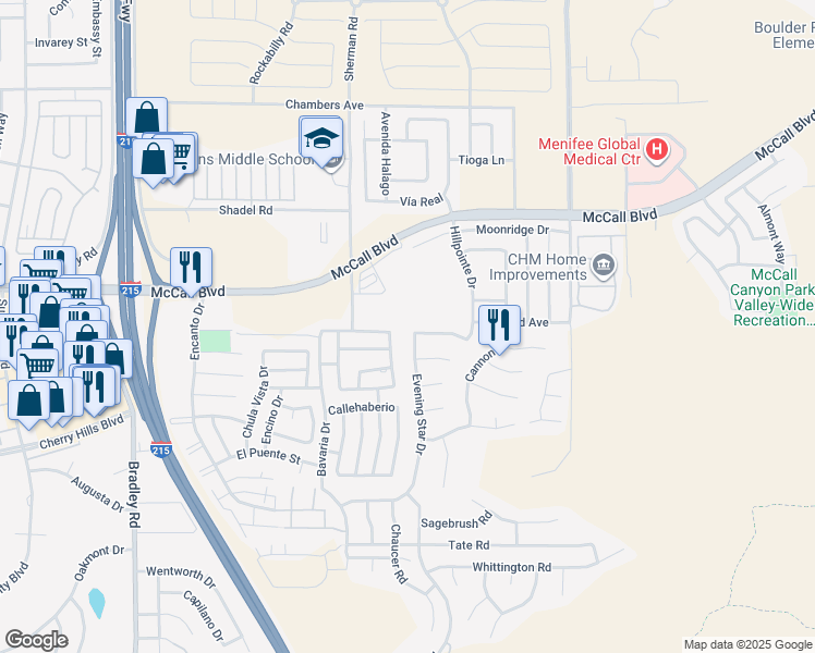 map of restaurants, bars, coffee shops, grocery stores, and more near 27716 Alta Vista Way in Menifee