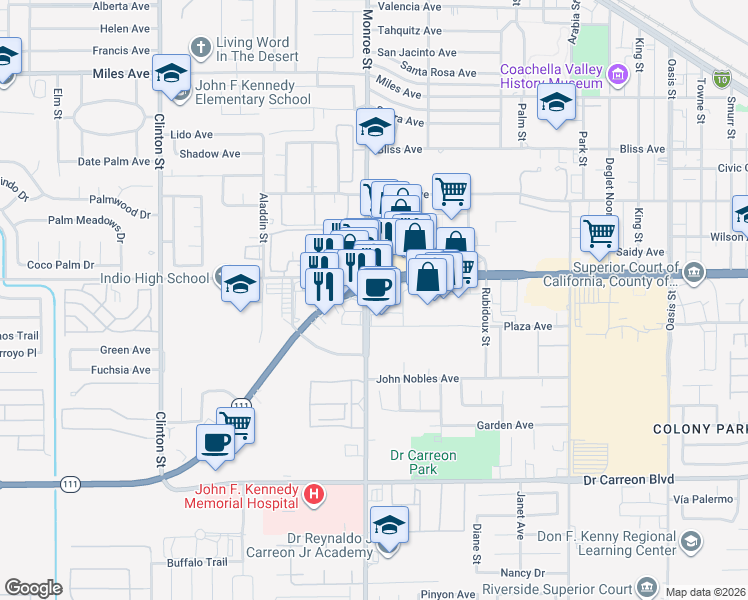map of restaurants, bars, coffee shops, grocery stores, and more near in Indio
