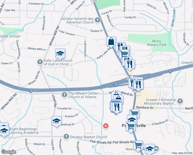 map of restaurants, bars, coffee shops, grocery stores, and more near 2571 Candler Road in Decatur