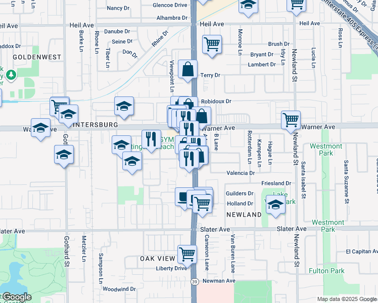 map of restaurants, bars, coffee shops, grocery stores, and more near in Huntington Beach