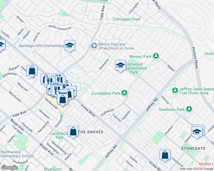 map of restaurants, bars, coffee shops, grocery stores, and more near 101 Rotunda in Irvine