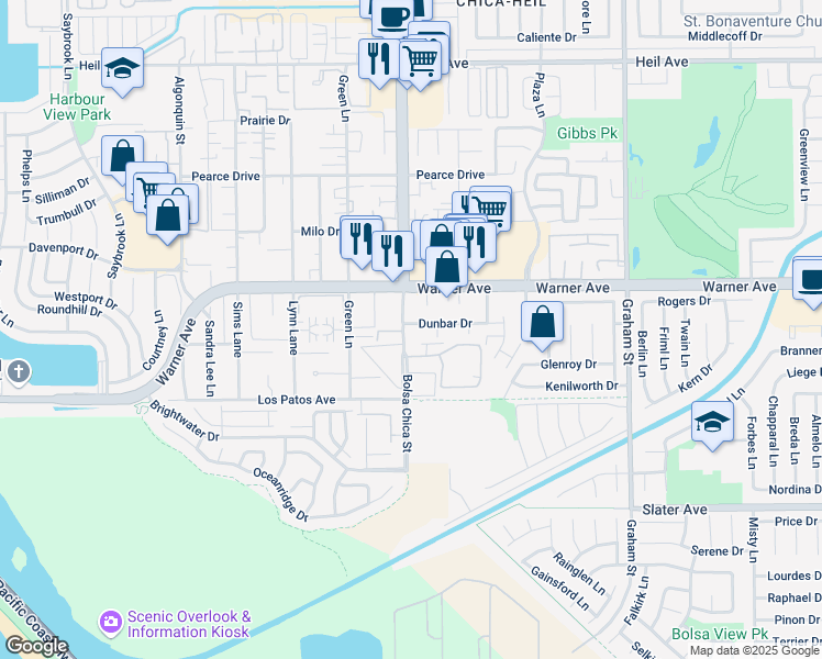 map of restaurants, bars, coffee shops, grocery stores, and more near 17082 Bolsa Chica Street in Huntington Beach
