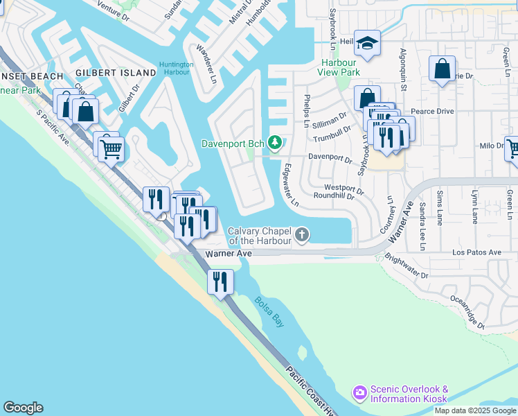 map of restaurants, bars, coffee shops, grocery stores, and more near 3922 Sirius Drive in Huntington Beach