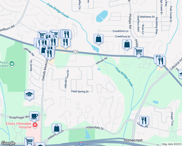 map of restaurants, bars, coffee shops, grocery stores, and more near 2481 Meadow Spring Drive in Lithonia