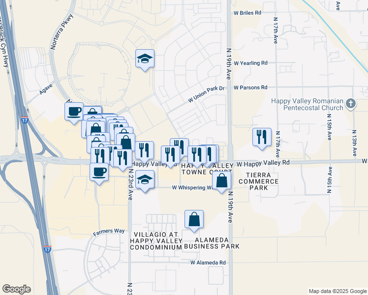 map of restaurants, bars, coffee shops, grocery stores, and more near 25111 North 21st Avenue in Phoenix
