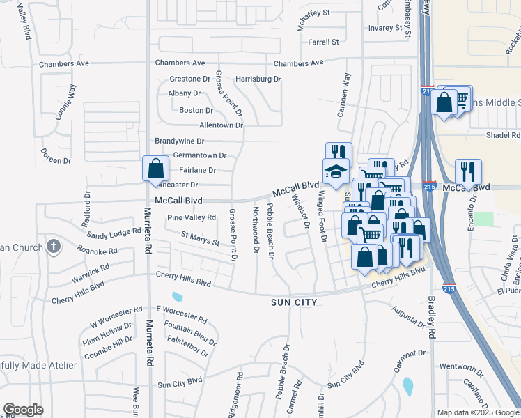 map of restaurants, bars, coffee shops, grocery stores, and more near 28050 Northwood Drive in Menifee