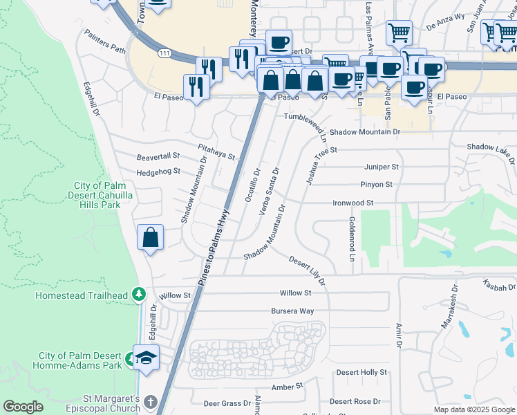map of restaurants, bars, coffee shops, grocery stores, and more near 46039 Verba Santa Drive in Palm Desert