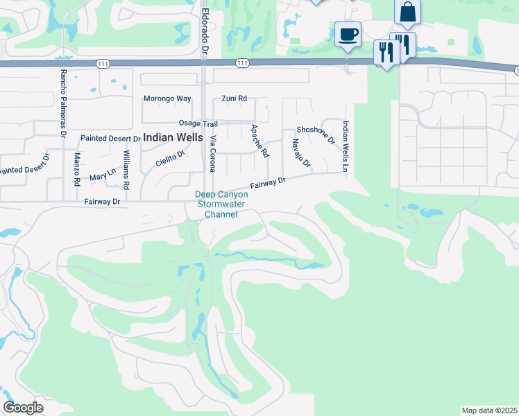 map of restaurants, bars, coffee shops, grocery stores, and more near 46100 East Eldorado Drive in Indian Wells