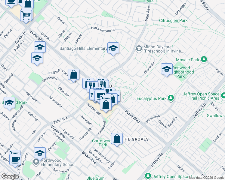 map of restaurants, bars, coffee shops, grocery stores, and more near 227 Springview in Irvine