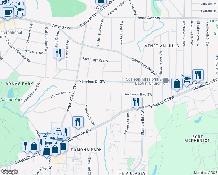map of restaurants, bars, coffee shops, grocery stores, and more near 1527 Alder Lane Southwest in Atlanta